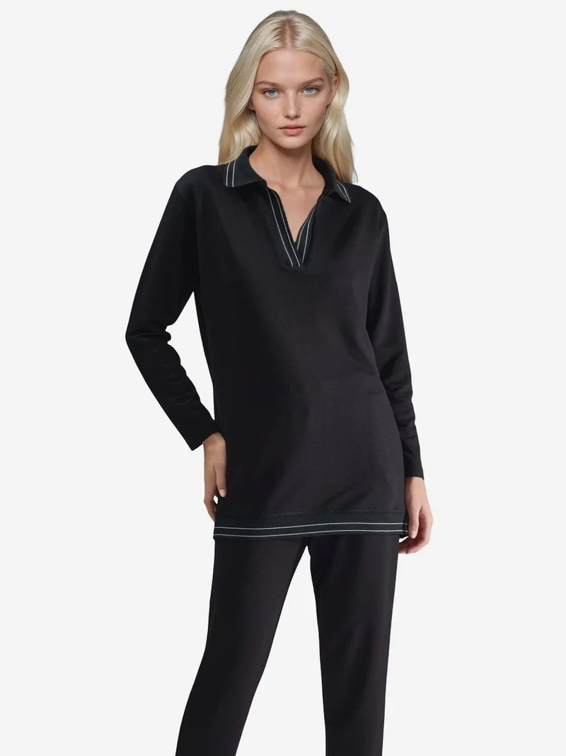 Striped Detail Polo Collar Two-Piece Set Bersan Collection