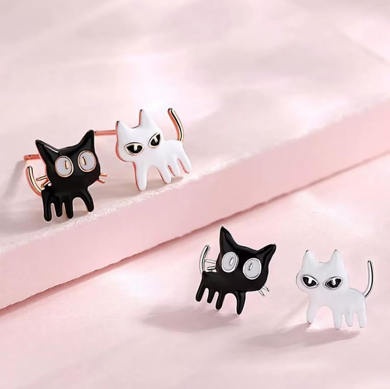 SLUYNZ Sterling Silver Cat Earrings Studs for Women Teen Girls Black White Cat Studs Earrings Cute Animal Earrings (A-SILVER) - Image 5
