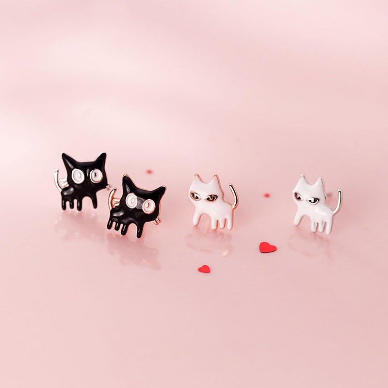 SLUYNZ Sterling Silver Cat Earrings Studs for Women Teen Girls Black White Cat Studs Earrings Cute Animal Earrings (A-SILVER) - Image 4