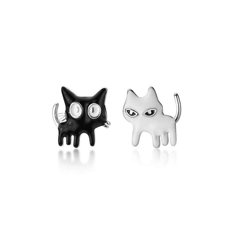 SLUYNZ Sterling Silver Cat Earrings Studs for Women Teen Girls Black White Cat Studs Earrings Cute Animal Earrings (A-SILVER) - Image 1