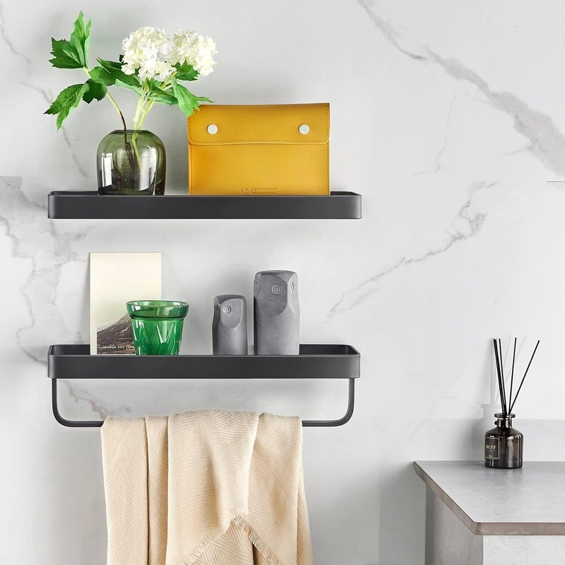 Excefore 40 CM Wall Mounted Shower Caddies, 2-Tier Bathroom Shelves with Towel Bar, Tempered Glass Floating Shelf, Black Bathroom Wall Organizer - Image 3