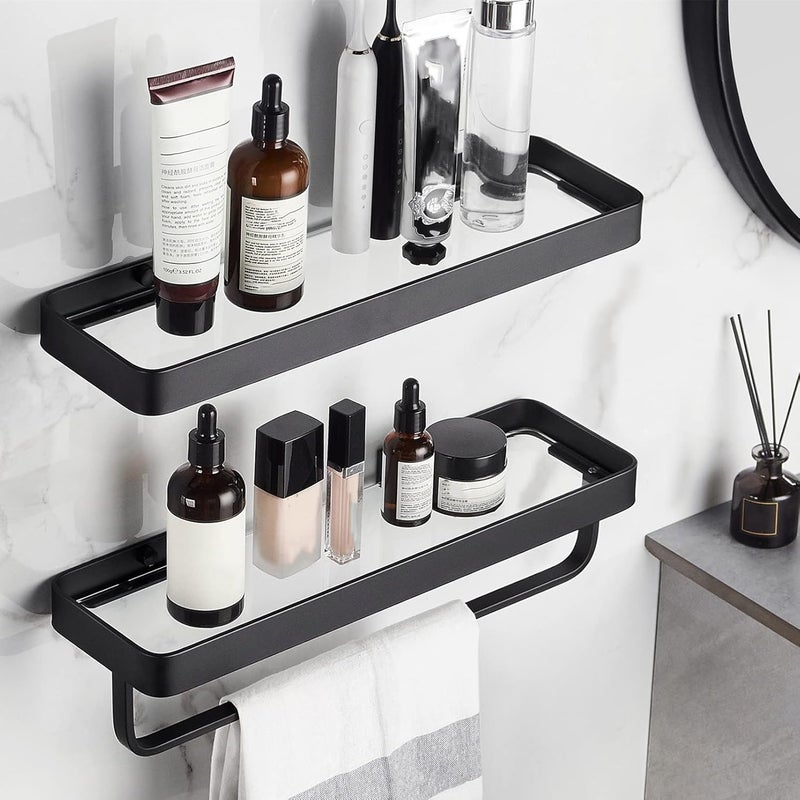 Excefore 40 CM Wall Mounted Shower Caddies, 2-Tier Bathroom Shelves with Towel Bar, Tempered Glass Floating Shelf, Black Bathroom Wall Organizer - Image 1