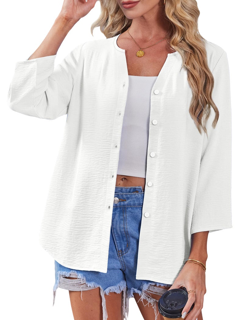 OFEEFAN 3/4 Length Sleeve Womens Tops Summer Clothes 2026 Button Down Shirts Linen Tops Business Casual Outfits Womens Blouses Spring White L - Image 4