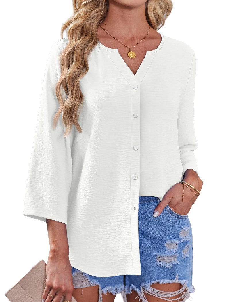 OFEEFAN 3/4 Length Sleeve Womens Tops Summer Clothes 2026 Button Down Shirts Linen Tops Business Casual Outfits Womens Blouses Spring White L - Image 3