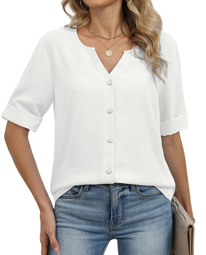OFEEFAN 3/4 Length Sleeve Womens Tops Summer Clothes 2026 Button Down Shirts Linen Tops Business Casual Outfits Womens Blouses Spring White L - Image 2