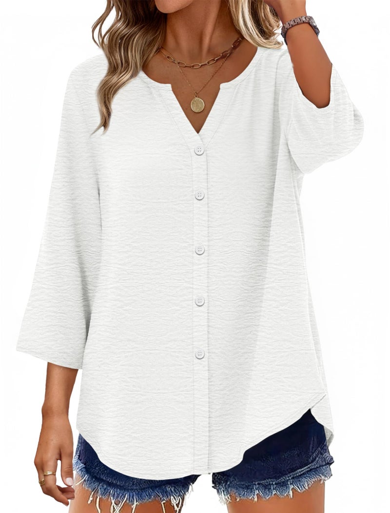 OFEEFAN 3/4 Length Sleeve Womens Tops Summer Clothes 2026 Button Down Shirts Linen Tops Business Casual Outfits Womens Blouses Spring White L - Image 1