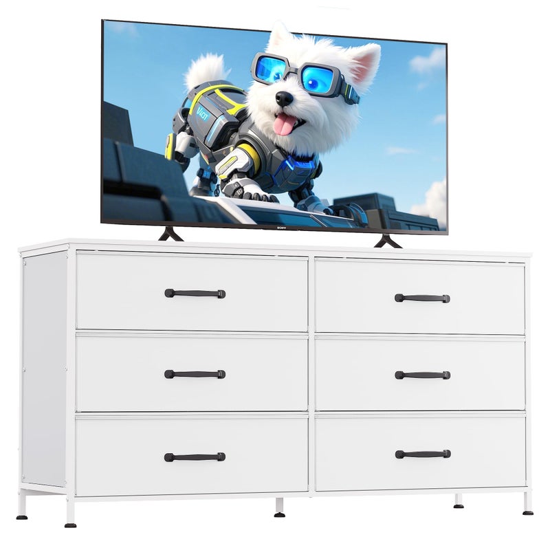 WLIVE 6 Drawer Dresser for Bedroom Large Fabric White Dresser TV Stand for 50 55 60 inch TV Wide Long Chest of Drawers with Deep Drawer for Closet Bedroom Living Room Hallway