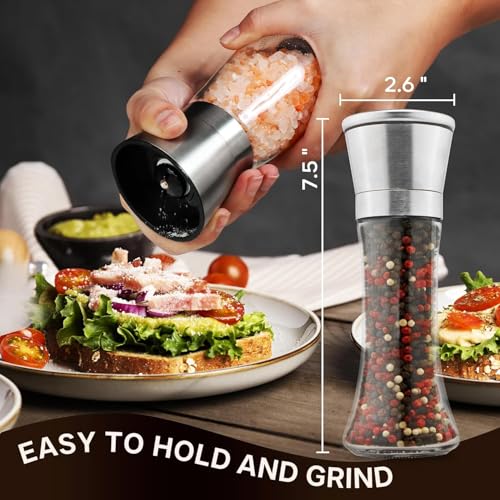 Rexez Premium Stainless Steel Sea Salt and Pepper Grinder Set of 2 - Adjustable Ceramic - Tall Glass Salt and Pepper Shakers - Pepper Mill & Salt Mill W/Funnel - Image 4