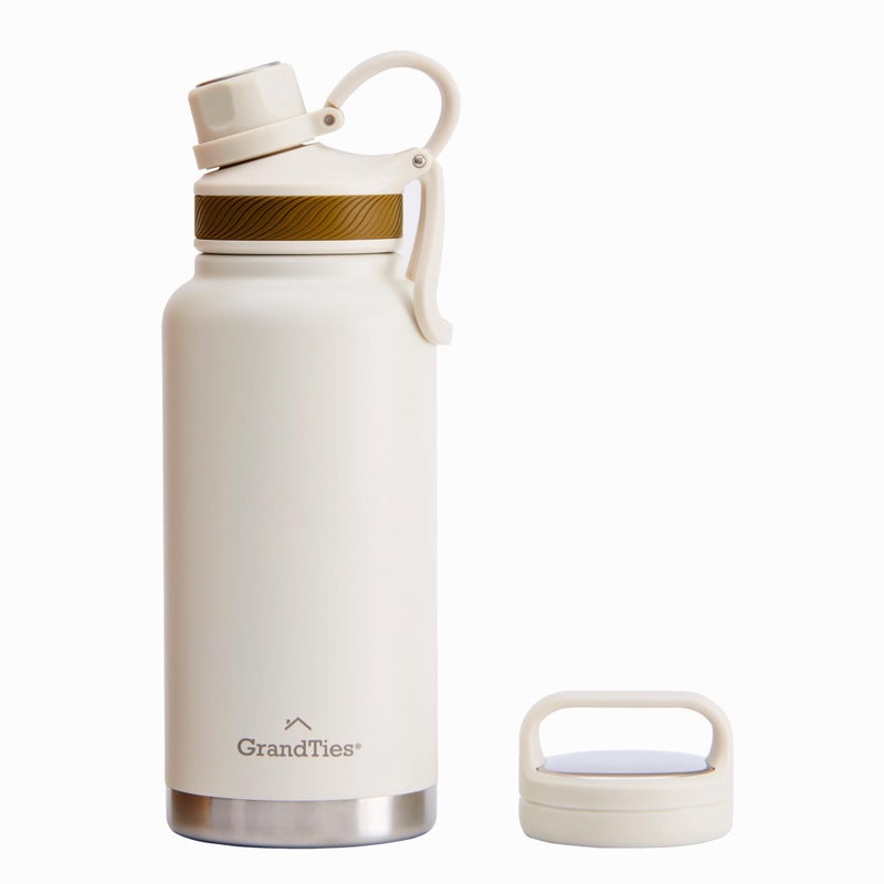 GRANDTIES 2 Lids Sports Stainless Steel Water Bottles Wide Mouth Vacuum Insulated Reusable Leak Proof BPAFree Travel Metal Canteen Thermal Bottles for Men Women Gym Ivory White 32 oz