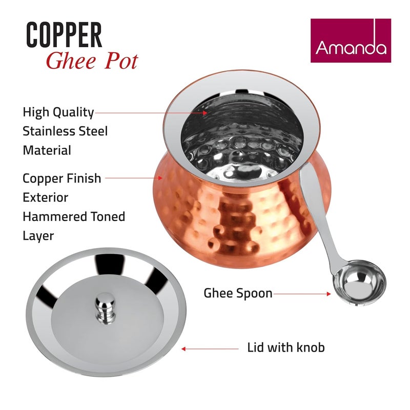 Amanda وعاء سمن بتشطيب نحاسي مع غطاء سعة 250 مل حاوية سمن من الفولاذ المقاوم للصدأ الممتاز موزع سمن خالي من السموم للزيوت والزبادي والحليب والتوابل وعاء تخزين متعدد الاستخدامات - Image 3