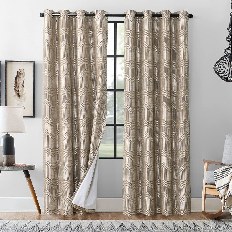 Drapexpert Light Brown and Silvery 100% Blackout Jacquard Geometric Pattern Curtains,52 Inch Wide 96 Inch Length 2 Panels, Thermal Insulated Noise Reducing Anti-Rust Grommet Drapes for Bedroom Living Room - Image 5