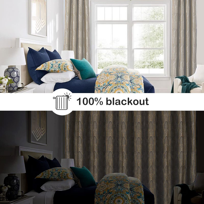 Drapexpert Light Brown and Silvery 100% Blackout Jacquard Geometric Pattern Curtains,52 Inch Wide 96 Inch Length 2 Panels, Thermal Insulated Noise Reducing Anti-Rust Grommet Drapes for Bedroom Living Room - Image 2