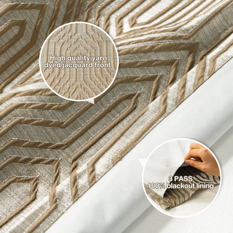 Drapexpert Light Brown and Silvery 100% Blackout Jacquard Geometric Pattern Curtains,52 Inch Wide 96 Inch Length 2 Panels, Thermal Insulated Noise Reducing Anti-Rust Grommet Drapes for Bedroom Living Room - Image 3