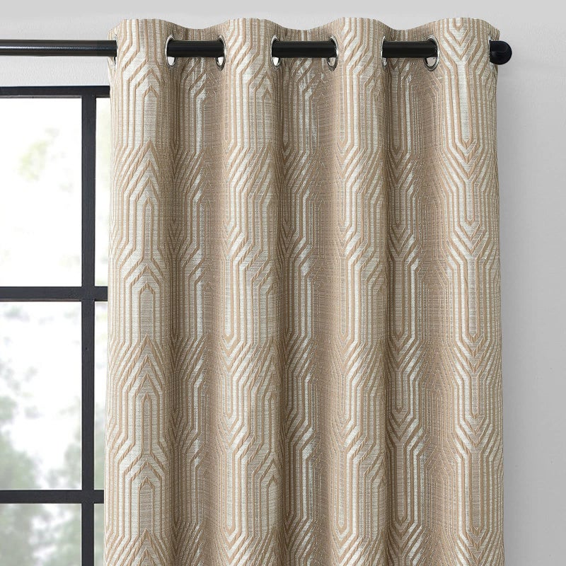 Drapexpert Light Brown and Silvery 100% Blackout Jacquard Geometric Pattern Curtains,52 Inch Wide 96 Inch Length 2 Panels, Thermal Insulated Noise Reducing Anti-Rust Grommet Drapes for Bedroom Living Room - Image 1