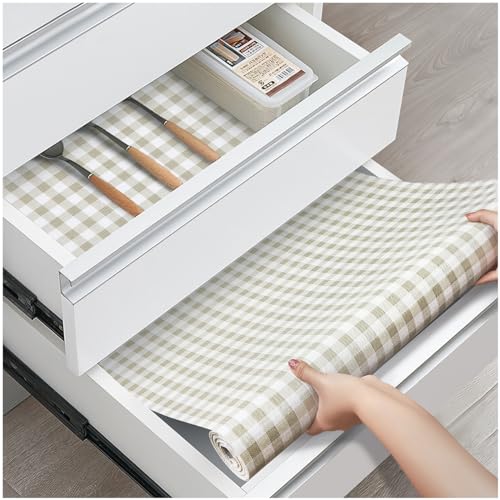 ALIUNI Drawer and Shelf Liner, Non-Slip Kitchen Cabinet Liners Non-Adhesive Thick Strong Grip Waterproof Washable Mats Protect Dresser Shelves Cupboard Bathroom Cabinets, Green Plaid, 12 in X 10 FT - Image 1