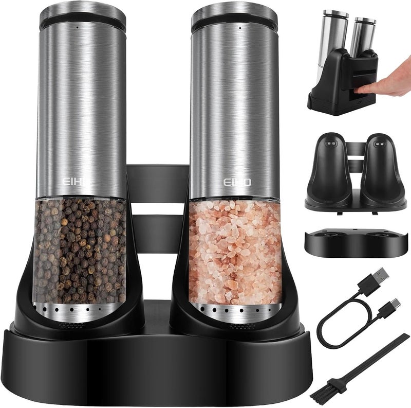 EIHO Electric Salt and Pepper Grinder Set Rechargeable, External Adjustable Coarseness, Automatic Salt & Pepper Shakers Mills, Kitchen Gadgets,Stocking Stuffers Christmas Cooking Gifts for Adults Men Women - Image 1