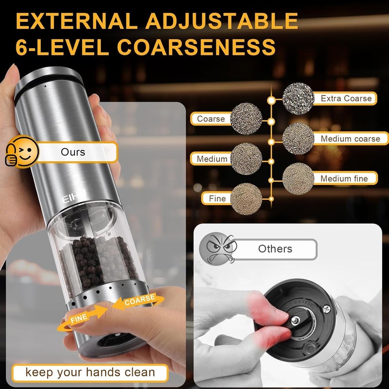 EIHO Electric Salt and Pepper Grinder Set Rechargeable, External Adjustable Coarseness, Automatic Salt & Pepper Shakers Mills, Kitchen Gadgets,Stocking Stuffers Christmas Cooking Gifts for Adults Men Women - Image 2