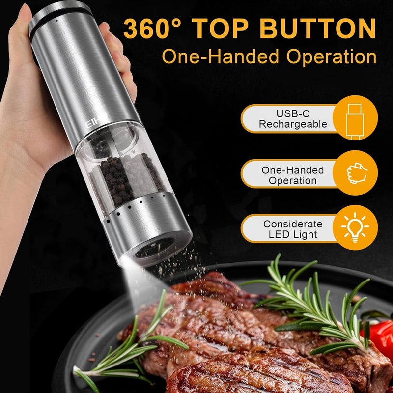 EIHO Electric Salt and Pepper Grinder Set Rechargeable, External Adjustable Coarseness, Automatic Salt & Pepper Shakers Mills, Kitchen Gadgets,Stocking Stuffers Christmas Cooking Gifts for Adults Men Women - Image 3