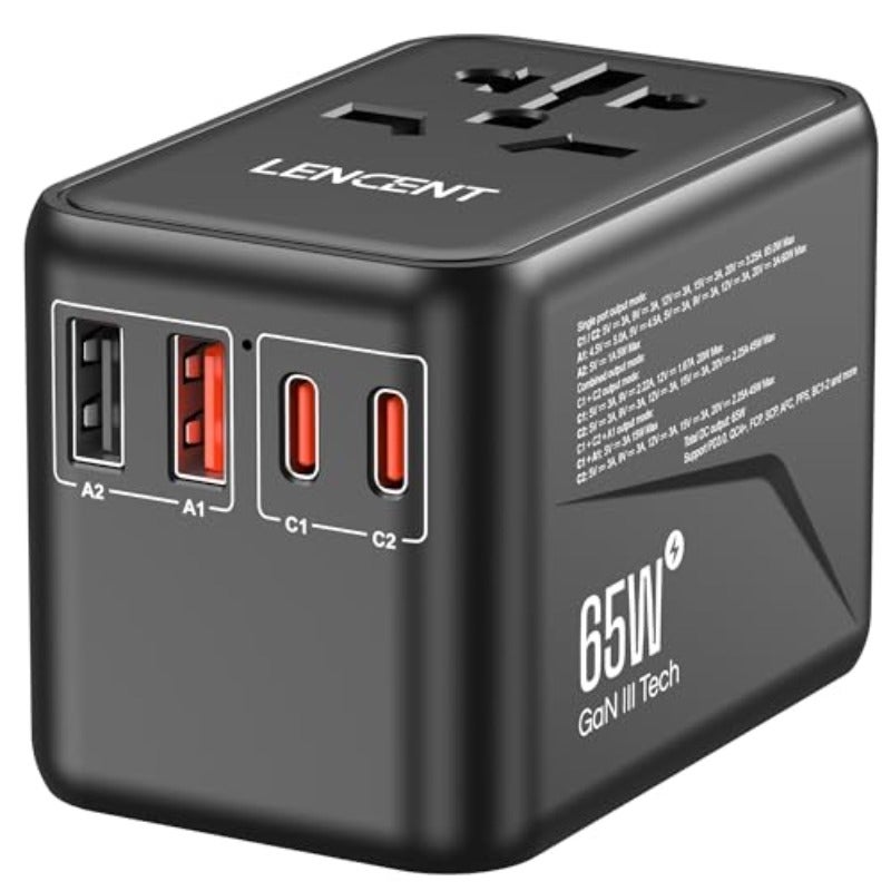 محول سفر عالمي GaN3 65W شاحن دولي أسود 2 USB-A QC4.0 و2 PD3.0 نوع-C شحن سريع عالمي محول مقبس أوروبي للأيفون جالاكسي لابتوب الولايات المتحدة الأمريكية المملكة المتحدة الاتحاد الأوروبي أستراليا - Image 1