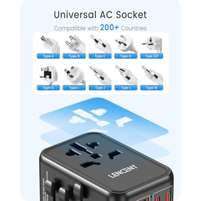 محول سفر عالمي GaN3 65W شاحن دولي أسود 2 USB-A QC4.0 و2 PD3.0 نوع-C شحن سريع عالمي محول مقبس أوروبي للأيفون جالاكسي لابتوب الولايات المتحدة الأمريكية المملكة المتحدة الاتحاد الأوروبي أستراليا - Image 4