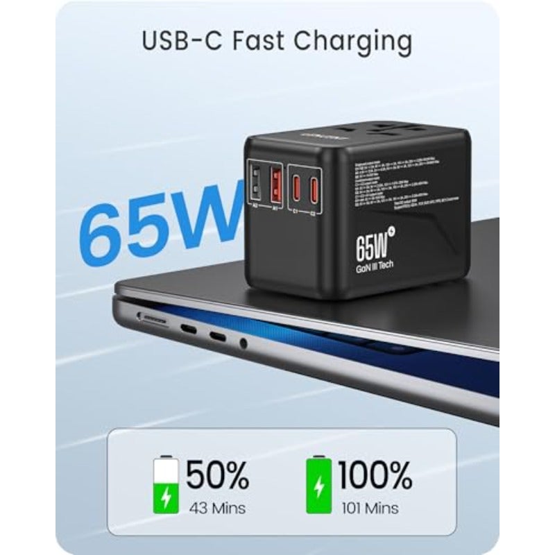 محول سفر عالمي GaN3 65W شاحن دولي أسود 2 USB-A QC4.0 و2 PD3.0 نوع-C شحن سريع عالمي محول مقبس أوروبي للأيفون جالاكسي لابتوب الولايات المتحدة الأمريكية المملكة المتحدة الاتحاد الأوروبي أستراليا - Image 3