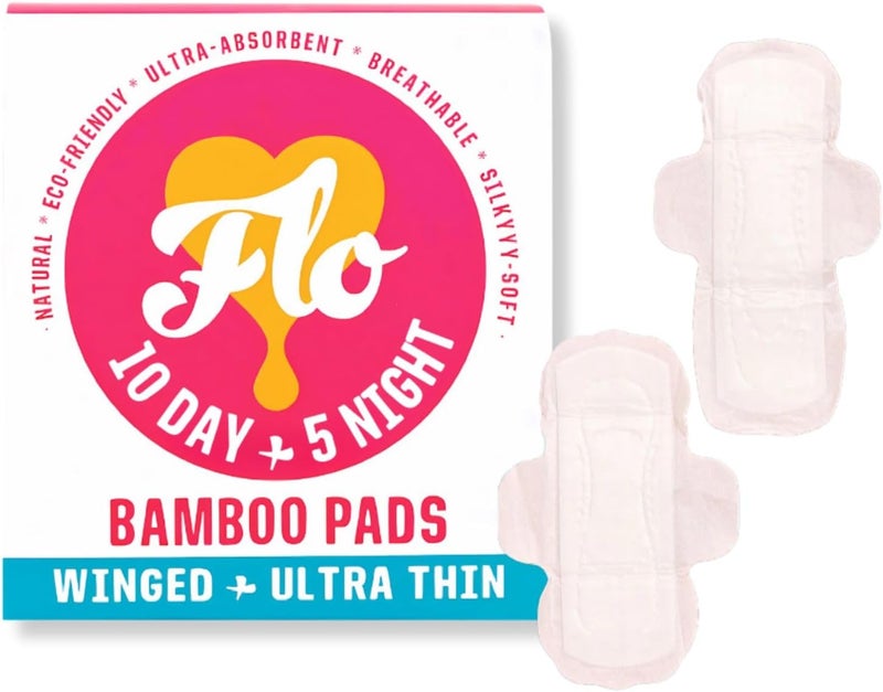 FLO - وسادات بامبو عضوية، حزمة مدمجة ليوم وليلة، رعاية نسائية، منتجات حيض عضوية، نباتية، مملوكة لسود، وسادات ماصة، بدون رائحة، قابلة للتنفس، فوط صحية للنساء، 15 قطعة