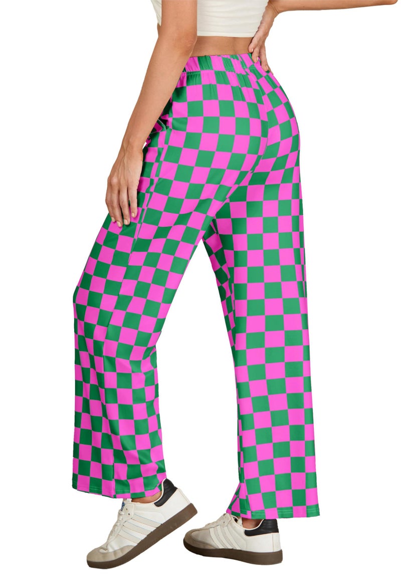 IWOLLENCE Women's Casual Loose Checkered Wide Leg Pants High Waist Straight Lounge Y2K Gingham Trousers Fall Hot Pink Green, M - Image 4