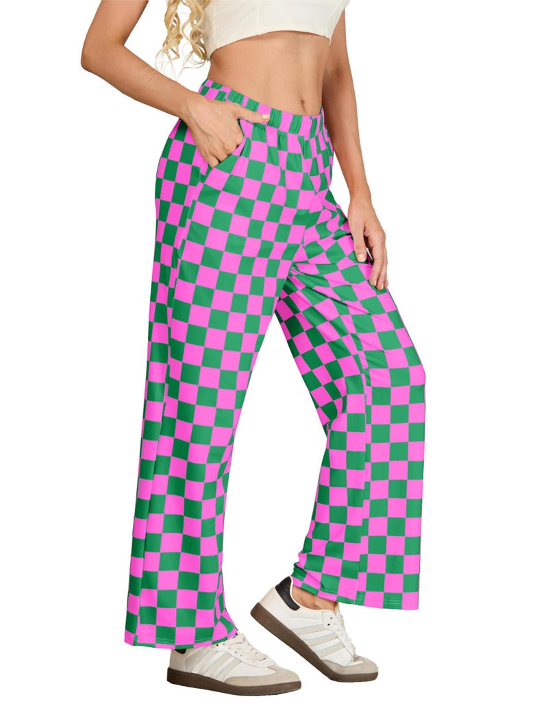 IWOLLENCE Women's Casual Loose Checkered Wide Leg Pants High Waist Straight Lounge Y2K Gingham Trousers Fall Hot Pink Green, M - Image 3