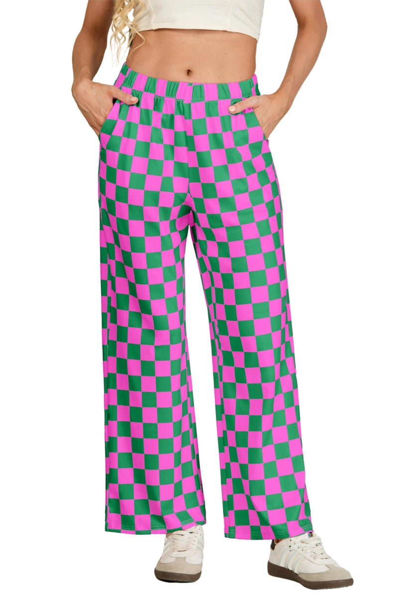 IWOLLENCE Women's Casual Loose Checkered Wide Leg Pants High Waist Straight Lounge Y2K Gingham Trousers Fall Hot Pink Green, M - Image 2