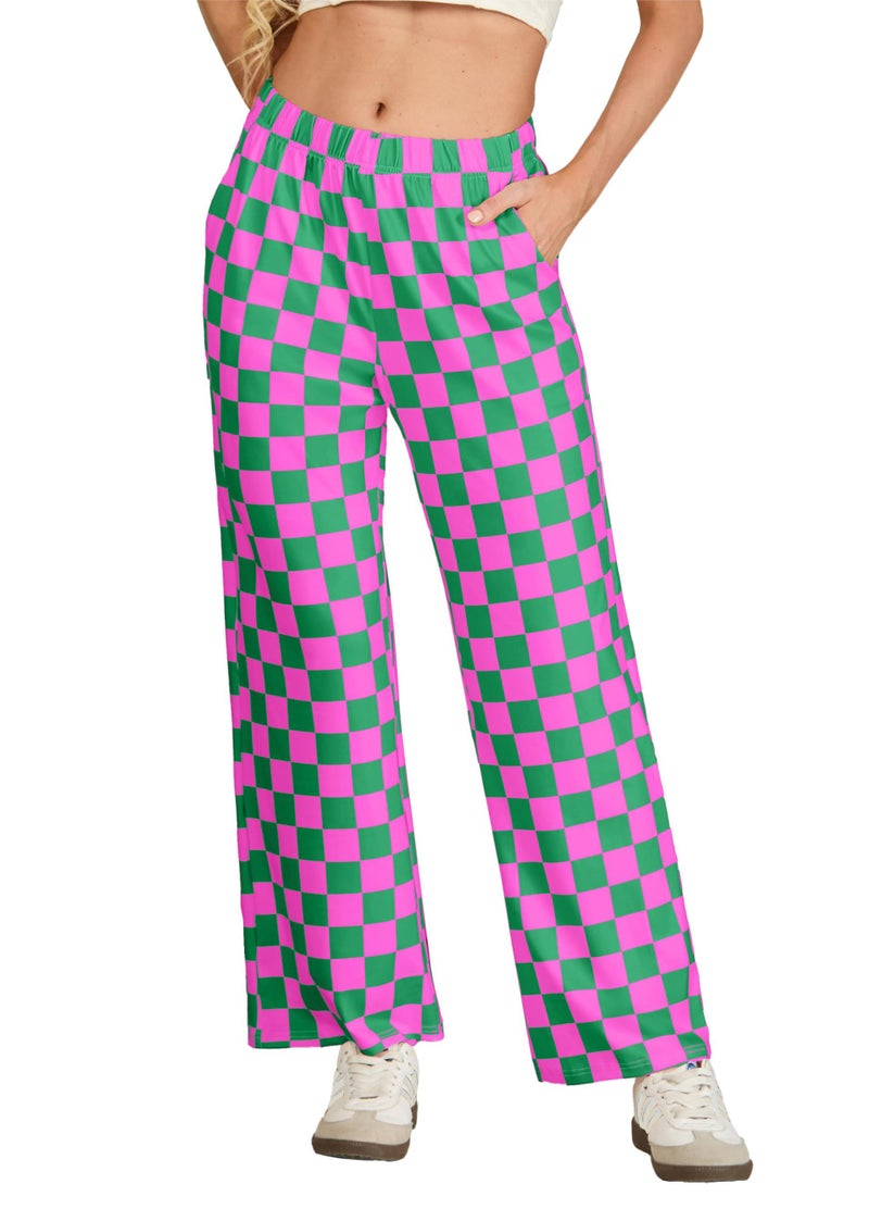 IWOLLENCE Women's Casual Loose Checkered Wide Leg Pants High Waist Straight Lounge Y2K Gingham Trousers Fall Hot Pink Green, M - Image 5