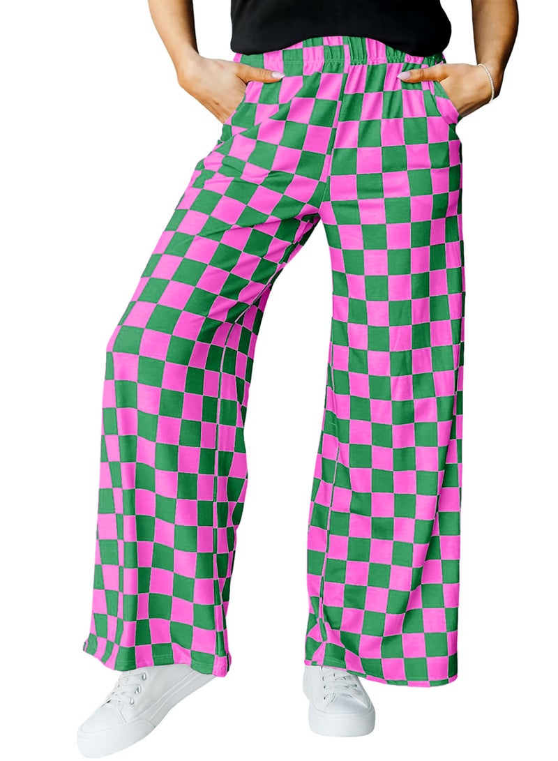 IWOLLENCE Women's Casual Loose Checkered Wide Leg Pants High Waist Straight Lounge Y2K Gingham Trousers Fall Hot Pink Green, M - Image 1