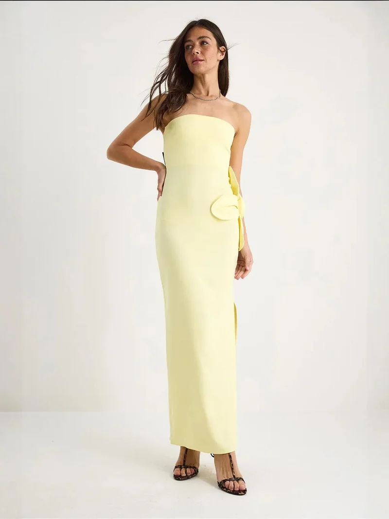 Bianco Lucci Lemon Yellow LUCCI Strapless Floral Maxi Dress with Bow Detail for Women | Best Price UAE
