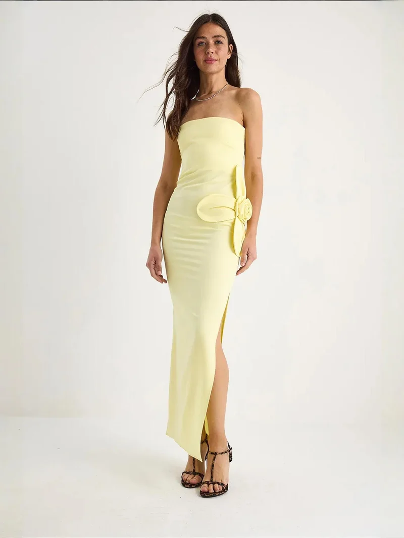 Bianco Lucci Lemon Yellow LUCCI Strapless Floral Maxi Dress with Bow Detail for Women | Best Price UAE