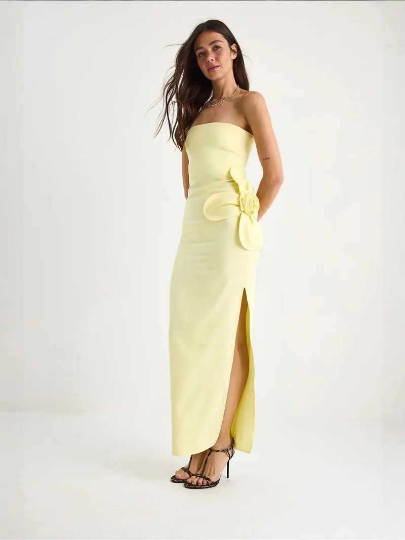 Bianco Lucci Lemon Yellow LUCCI Strapless Floral Maxi Dress with Bow Detail for Women | Best Price UAE