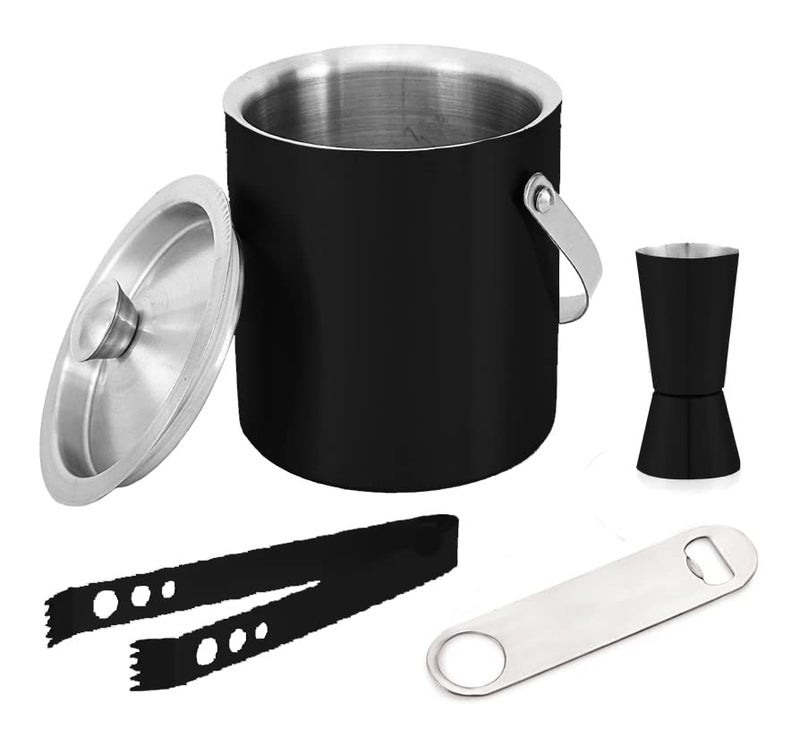 FINALITY Stainless Steel Double Walled Insulated Ice Bucket with Tong & Lid, Peg Measure, Bottle Opener, Capacity-1.75ltr | Bar Set for Drinks Home, Pub, Club, Restaurants | Black - Image 1