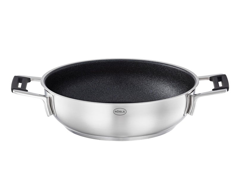 RSLE Silence PRO Serving Pan with ScratchResistant Premium NonStick Coating ProResist Silicone Handles 24 cm 1810 Stainless Steel Induction Safe Dishwasher Safe SilverBlack