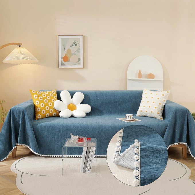 Navy Blue Sectional Couch Covers 3 Cushion Couch Chenille Cover with Lace Pattern for Dogs Kids Fitted Easy 71 x 134