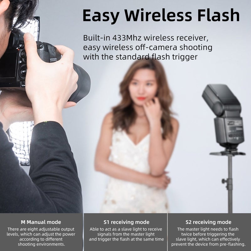مشعل سقفي TT520 مع حذاء ساخن سقفي ومصباح سقفي كاميرا DSLR - مشعل كاميرا مع إشارة لاسلكية تردد 433 ميجاهرتز مدمجة، مناسب لكاميرات كانون، نيكون، بنتاكس، أوليمبوس ومشعل سقفي قياسي لكاميرات كانون الرقمية - Image 2