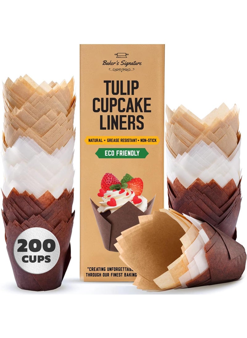 Baker's Signature Tulip Cupcake Liners Muffin Liners for Baking by Bakers Signature 200pcs of Parchment Paper Cups Cupcake Wrappers  Perfect Size Sturdy Greaseproof  Easy to Use  Beige White Brown 