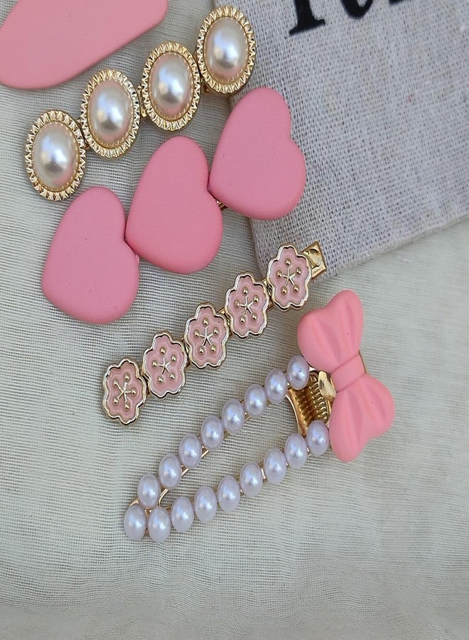 kapimo Pearl Rhinestone Hair Clips Set of 11 Pcs for Women Girls Stylish Metal Hair Pins for Party Bridal & Daily Use Korean Fashion Style Hair Accessories Elegant Hairclips for All Hair Types (White Pink) - Image 2