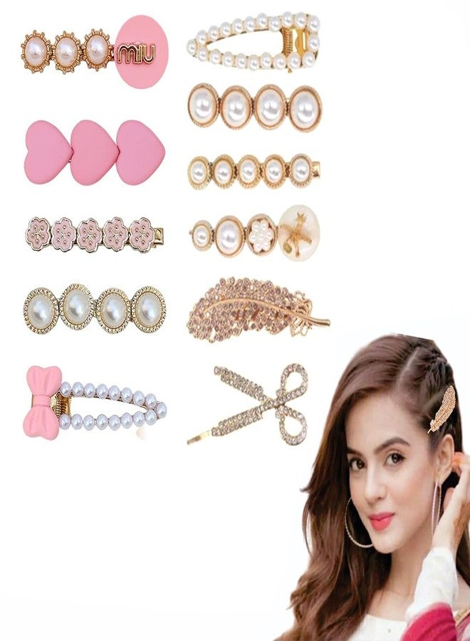 kapimo Pearl Rhinestone Hair Clips Set of 11 Pcs for Women Girls Stylish Metal Hair Pins for Party Bridal & Daily Use Korean Fashion Style Hair Accessories Elegant Hairclips for All Hair Types (White Pink) - Image 1