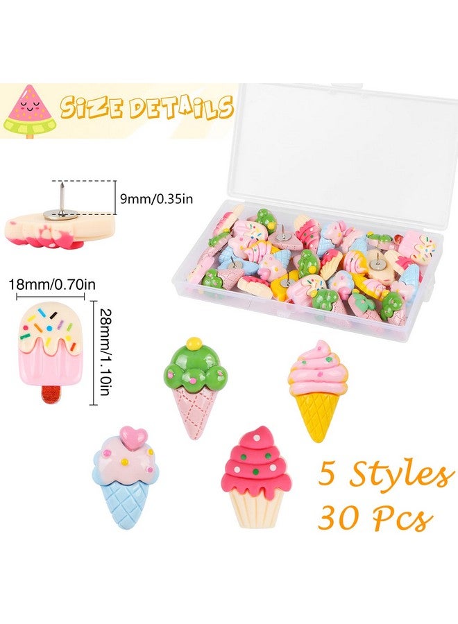 ميكيميكي MIKIMIQI 30 قطعة من دبابيس دفع الآيس كريم، دبابيس دفع الآيس كريم الراتنجية، دبابيس إبهام مزخرفة لطيفة للوحة الفلين، دبابيس إبهام للوحة الإعلانات والصور ودبابيس الحائط ولوازم المكتب - Image 2