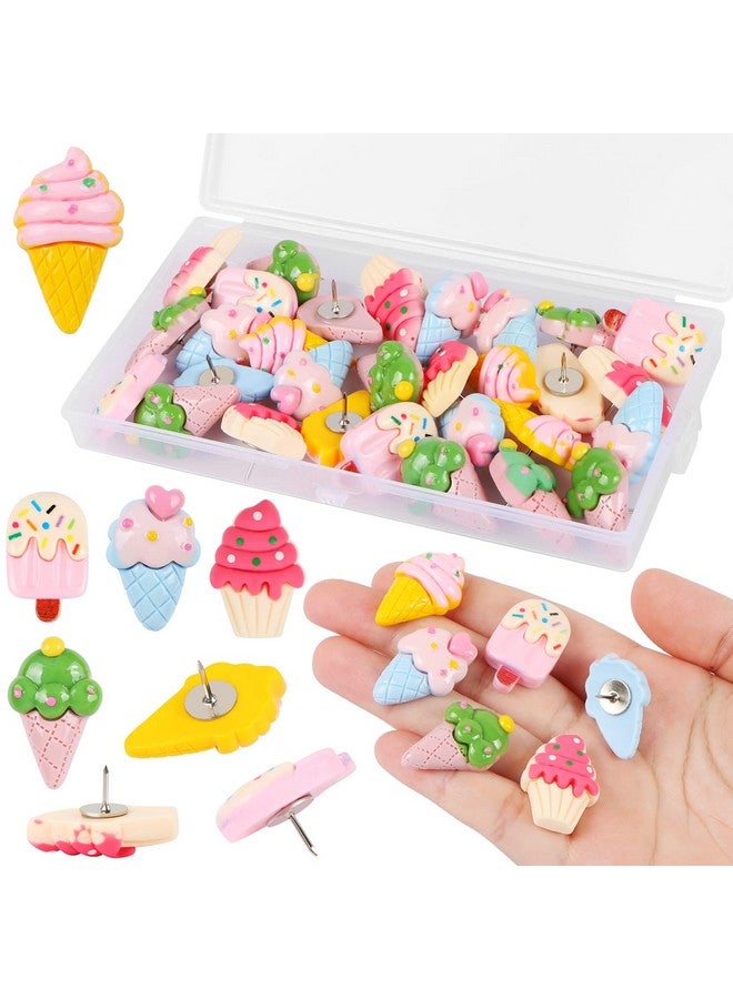 ميكيميكي MIKIMIQI 30 قطعة من دبابيس دفع الآيس كريم، دبابيس دفع الآيس كريم الراتنجية، دبابيس إبهام مزخرفة لطيفة للوحة الفلين، دبابيس إبهام للوحة الإعلانات والصور ودبابيس الحائط ولوازم المكتب - Image 1