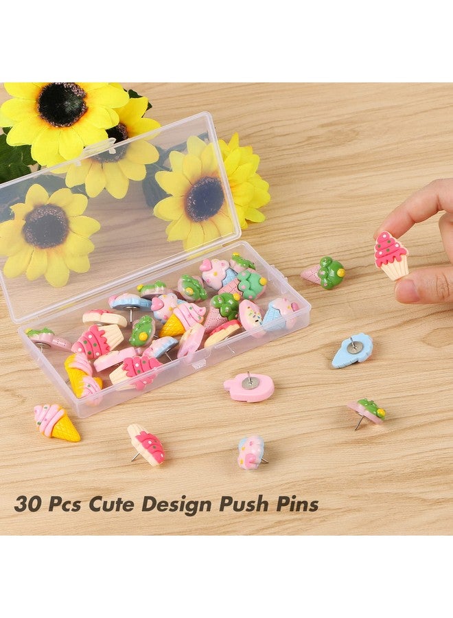 ميكيميكي MIKIMIQI 30 قطعة من دبابيس دفع الآيس كريم، دبابيس دفع الآيس كريم الراتنجية، دبابيس إبهام مزخرفة لطيفة للوحة الفلين، دبابيس إبهام للوحة الإعلانات والصور ودبابيس الحائط ولوازم المكتب - Image 4