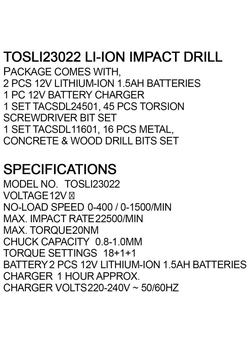 TOTAL - Cordless Impact Drill 2 Lithium ion Battery 12V Drilling Machine Electric Drill 45+16 Screwdriver Bits Drill Bits - TOSLI23022 TOTAL - Image 1