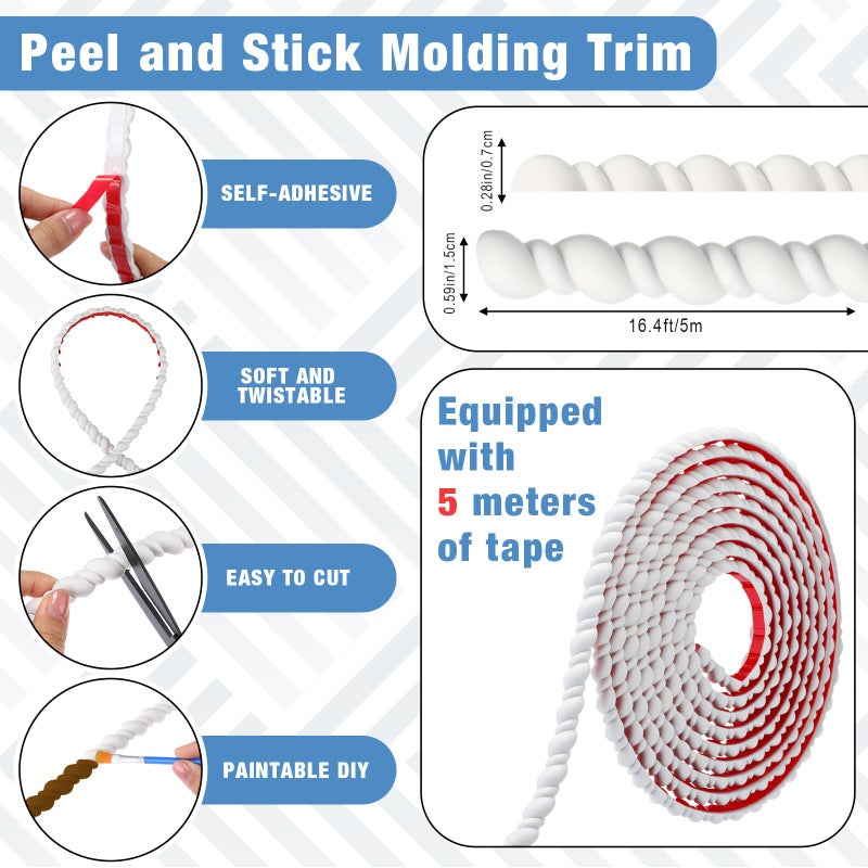 Maasechs Peel and Stick Molding Trim Flexible Molding Trim for Walls Self Adhesive Paintable DIY Wall Trims for DIY Mirror Frame Cabinet Edge Picture(Elegant,16.4 ft x 0.59 Inch,White) - Image 3