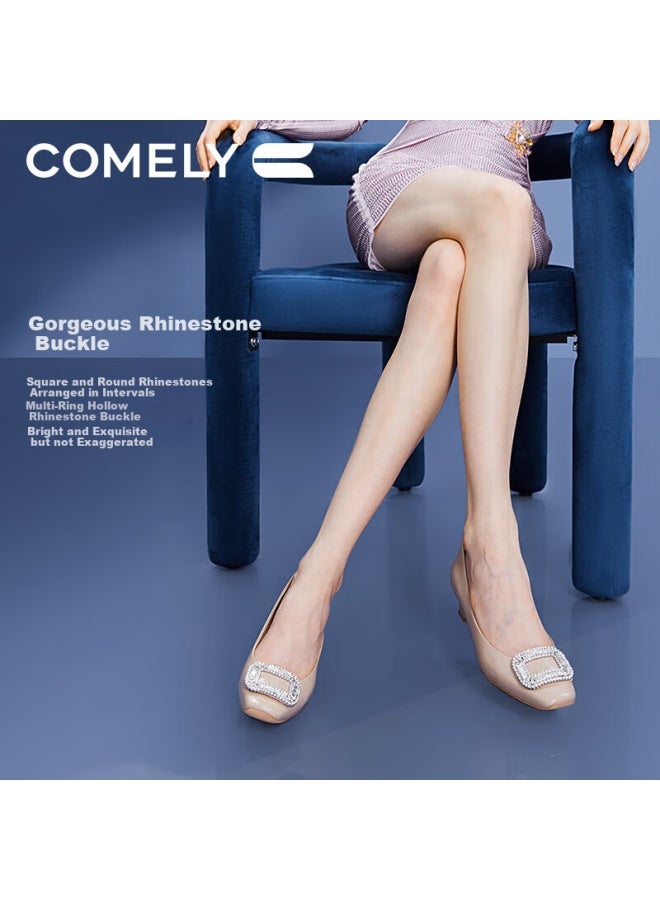 Comely Rhinestone Square Buckle Women's Single Shoes, Chunky Heel, Spring And Autumn Style, Fashionable French Evening Shoes, High Heels, Milk Tea Color, Size 33 - Image 4