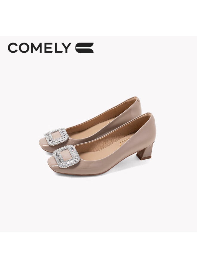 Comely Rhinestone Square Buckle Women's Single Shoes, Chunky Heel, Spring And Autumn Style, Fashionable French Evening Shoes, High Heels, Milk Tea Color, Size 33 - Image 2