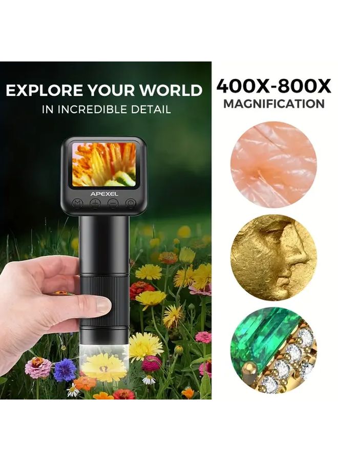 Apexel Black Handheld USB Microscope 800X Zoom 2 Inch HD Screen 6 LED Lights 32GB Card Support - Image 4