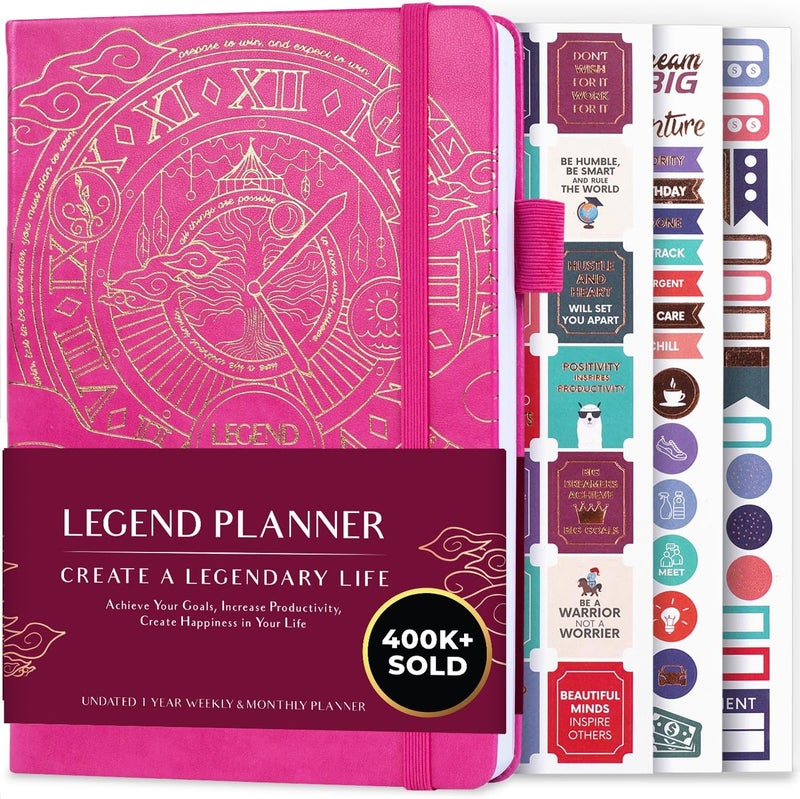 Legend Planner مخطط الأسطورة – مخطط الحياة الفاخر الأسبوعي والشهري لتحقيق أهدافك والعيش بسعادة. دفتر منظم ومجلة إنتاجية. غلاف صلب بحجم A5، غير مؤرخ – ابدأ في أي وقت + ملصقات – وردي فاقع ذهبي - Image 1